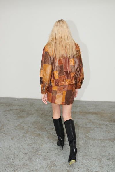 Bailey Bomber Jacket Patchwork Leather Brown