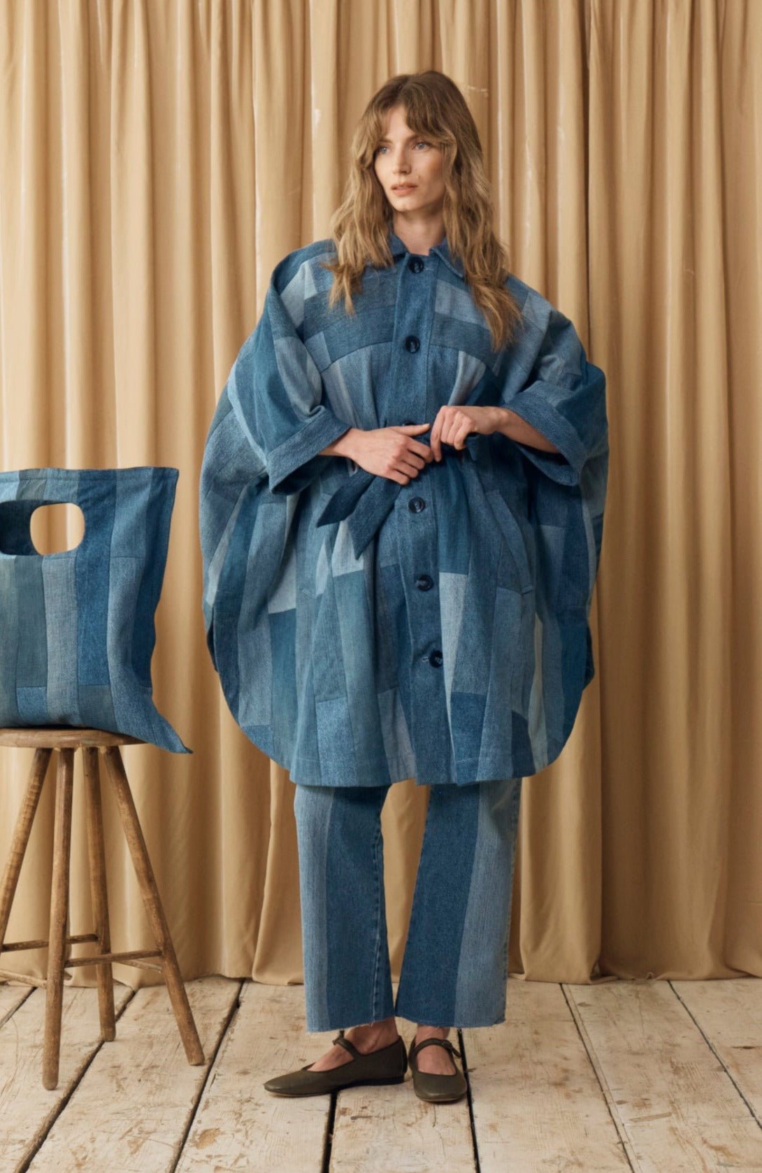 Celeste Coat Tessellated Patchwork Denim Mid Blue - E.L.V. Denim