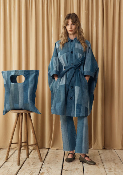 Celeste Coat Tessellated Patchwork Denim Mid Blue - E.L.V. Denim