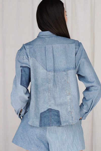 Emilie Shirt Patchwork Shirting Mid Blue - ELV Denim