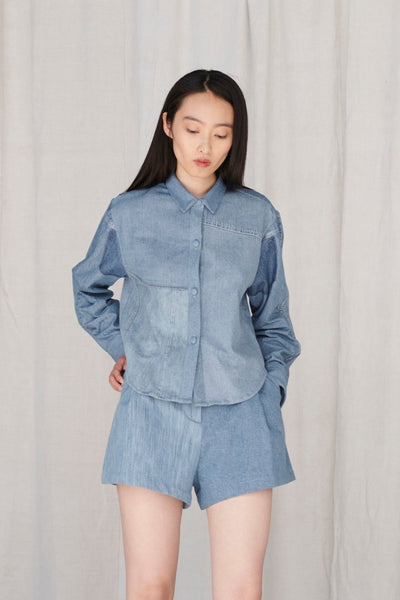 Emilie Shirt Patchwork Shirting Mid Blue - ELV Denim