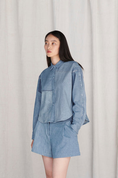 Emilie Shirt Patchwork Shirting Mid Blue - ELV Denim