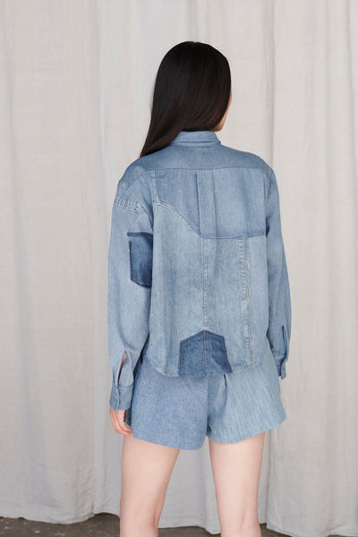 Emilie Shirt Patchwork Shirting Mid Blue - ELV Denim