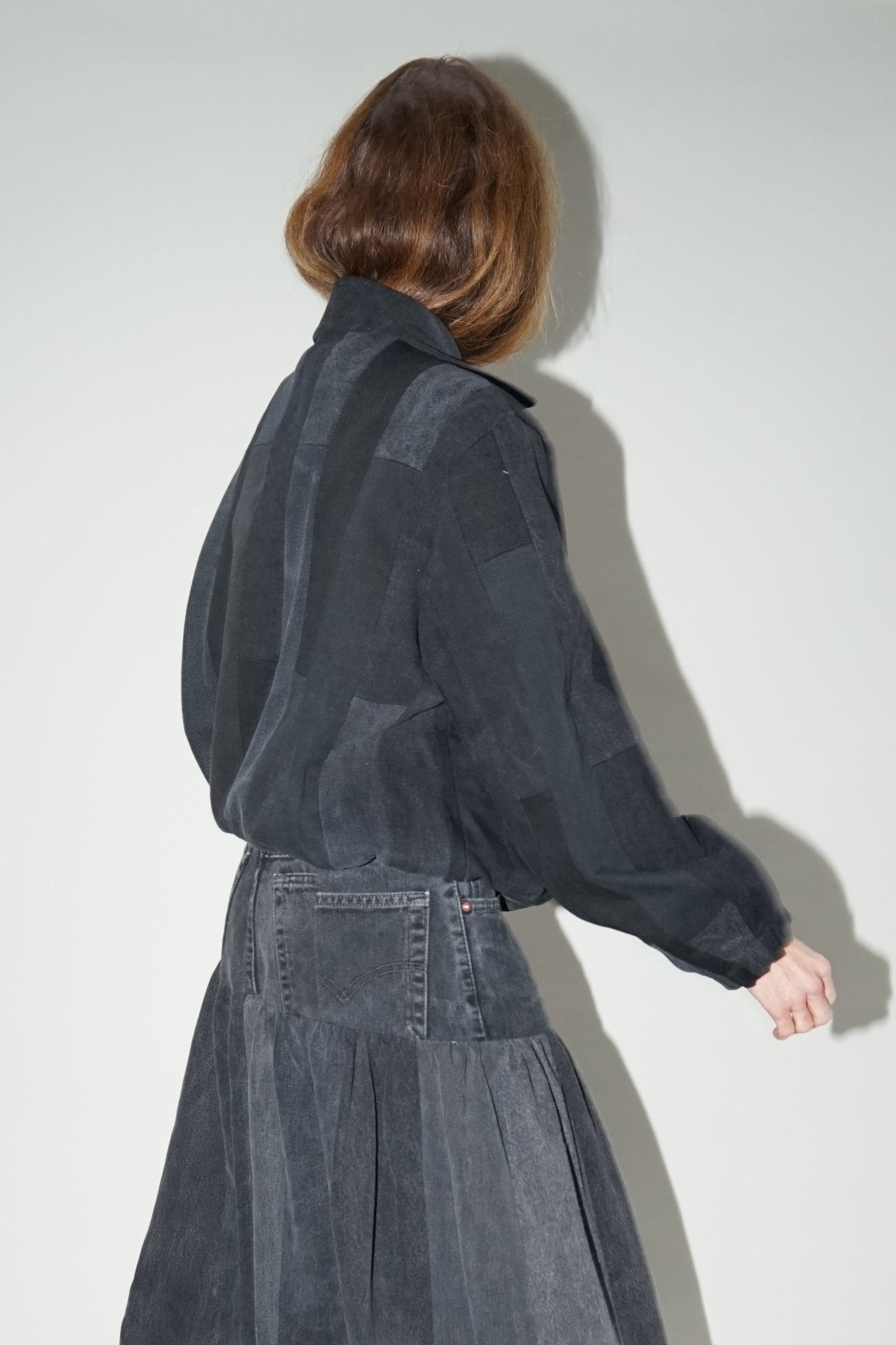 Kara Bomber Jacket Tessellated Denim Patchwork Black Grey - ELV Denim
