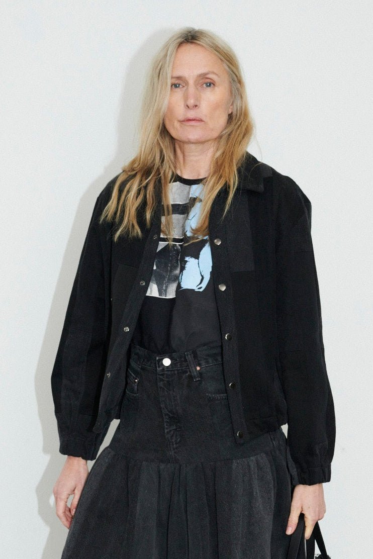 Kara Bomber Jacket Tessellated Denim Patchwork Black Grey - ELV Denim