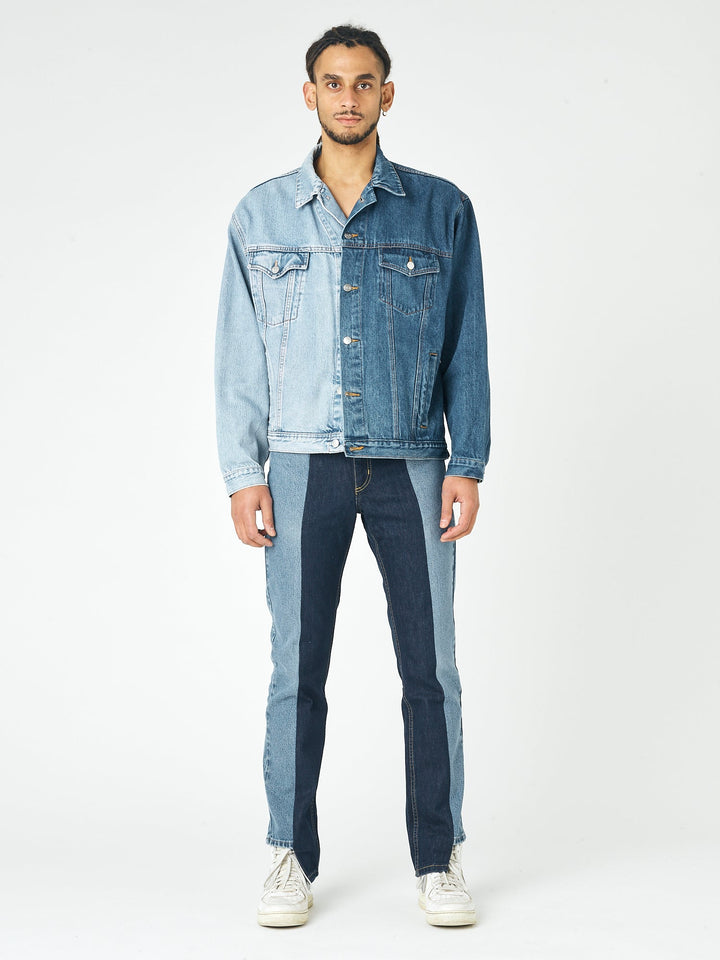 Dark blue jeans with light blue denim jacket best sale